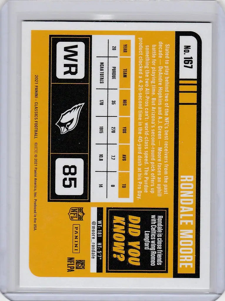 Sports trading card of Rondale Moore, Arizona Cardinals, from Panini Classics 2021