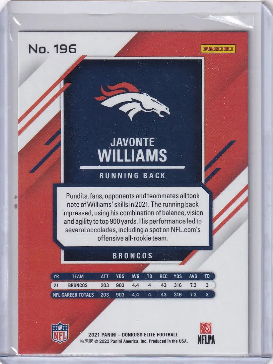Back of a Javonte Williams football card from Panini Donruss Elite 2021 Donruss Elite series