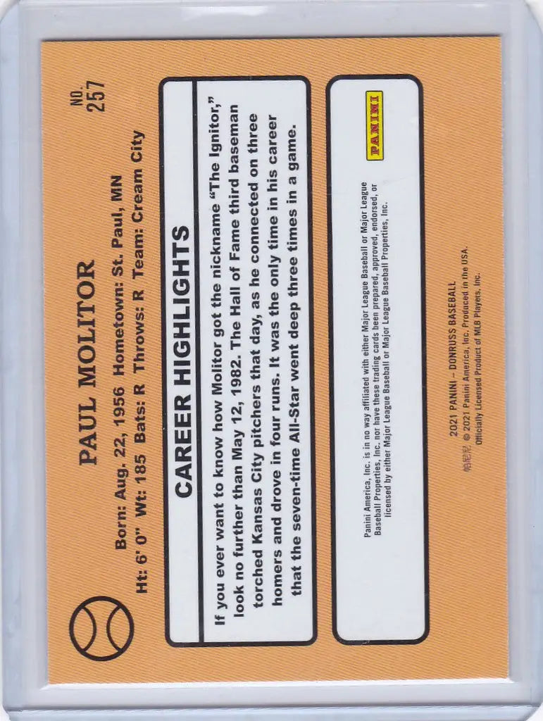 Baseball card of Paul Molitor featuring career highlights from Donruss Holo Blue