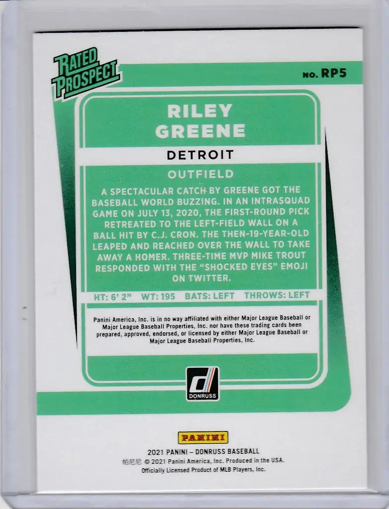 Baseball trading card of Riley Greene Detroit Tigers from Donruss Rated Prospect series