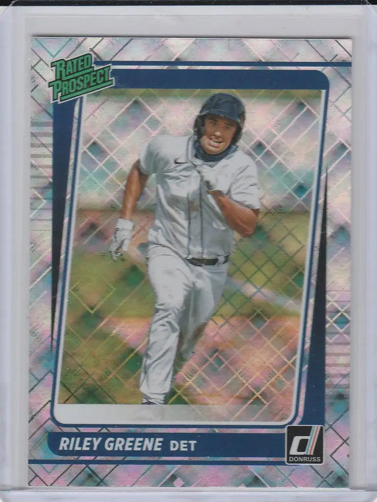 Riley Greene Detroit Tigers running on field featured in Donruss Rated Prospect card