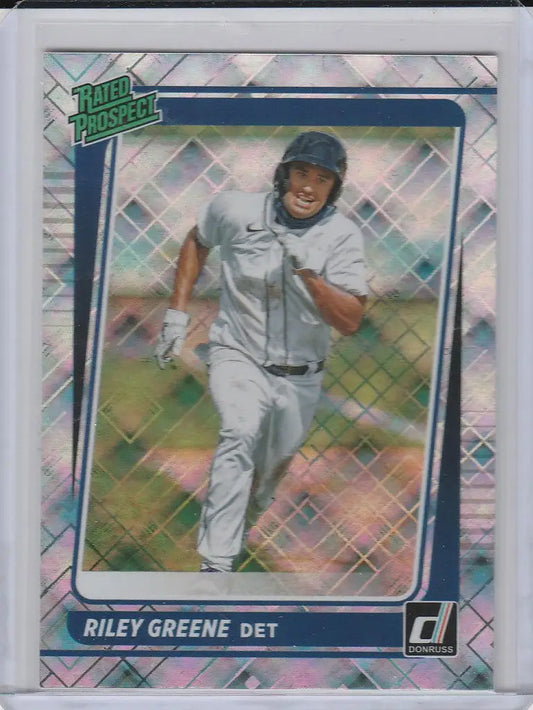 Riley Greene Detroit Tigers running on field featured in Donruss Rated Prospect card