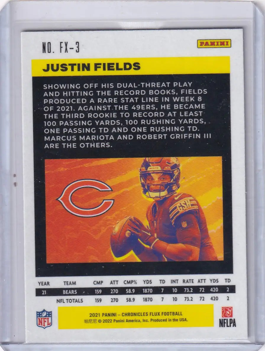 Football trading card featuring Justin Fields from 2021 Panini Flux Chicago Bears collection