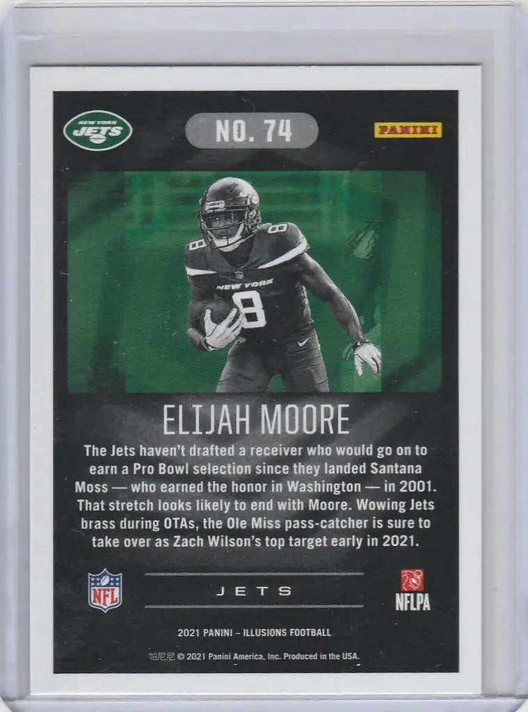 Football trading card of Elijah Moore in dark New York Jets uniform from Panini Illusions