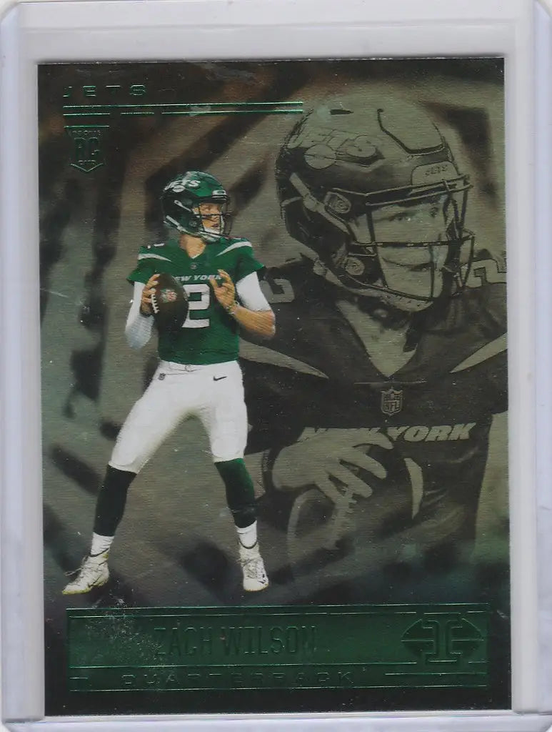 Football trading card of Zach Wilson in throwing stance from Panini Illusions Green