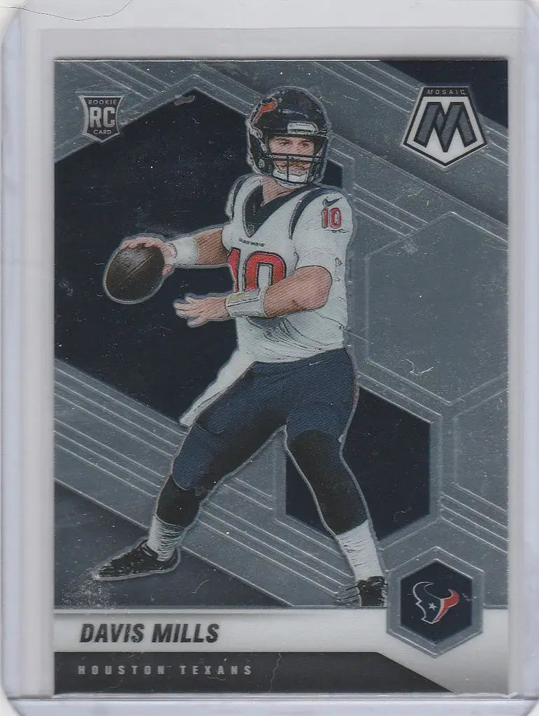 Football trading card of Davis Mills Houston quarterback in throwing stance, Panini Mosaic