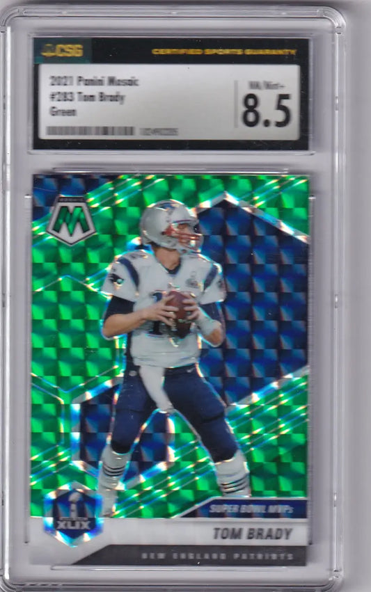 2021 Panini Mosaic Green CSG 8.5 Tom Brady football card featuring mosaic green parallel