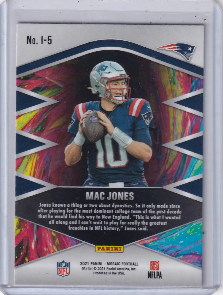 Panini Mosaic Mac Jones football trading card featuring New England Patriots player