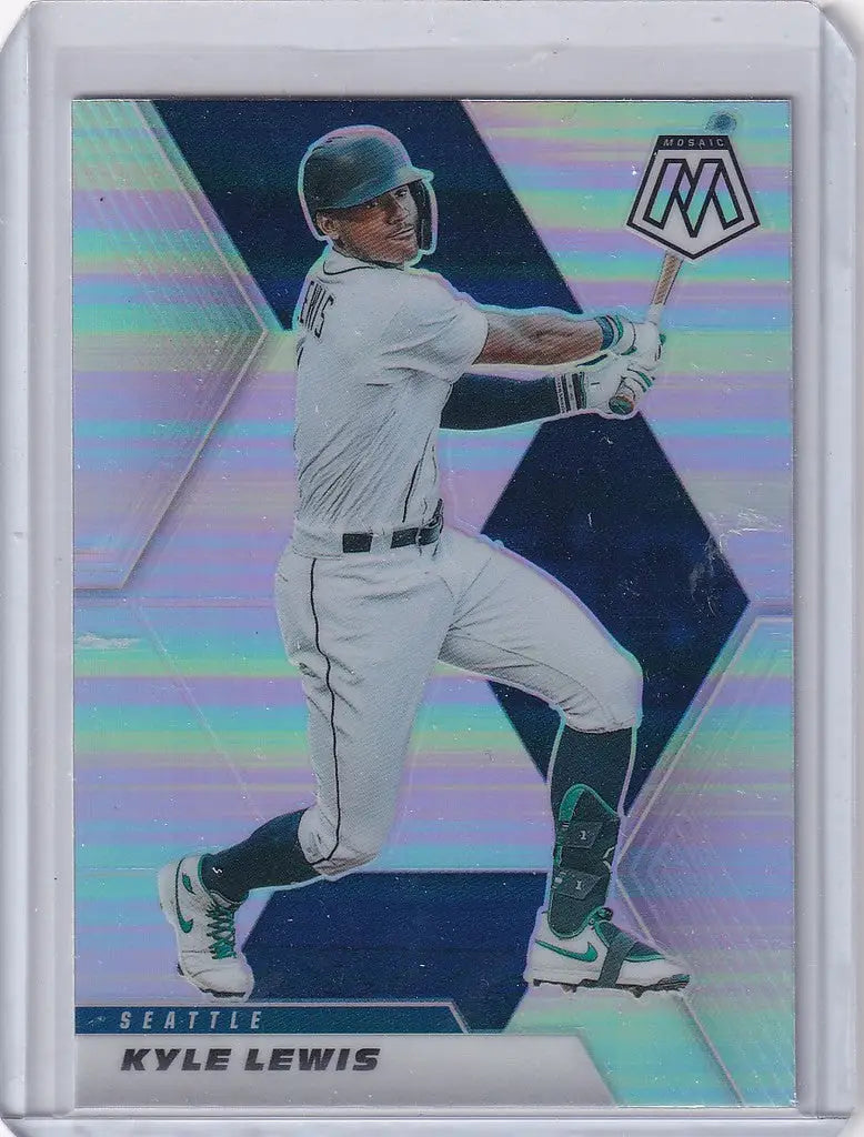 Baseball trading card of Kyle Lewis Seattle Mariners in white uniform from Panini Mosaic Prizm