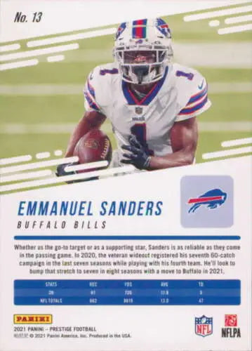 Emmanuel Sanders football card 2021 Panini Prestige #13 with original gloss finish