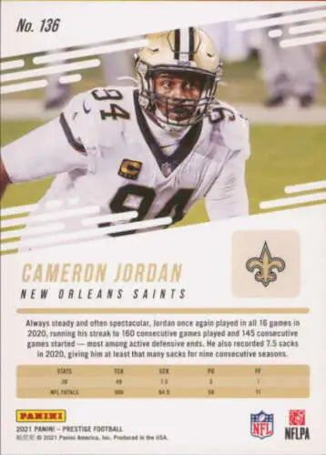 Cameron Jordan football card 2021 Panini Prestige #136 with original gloss finish