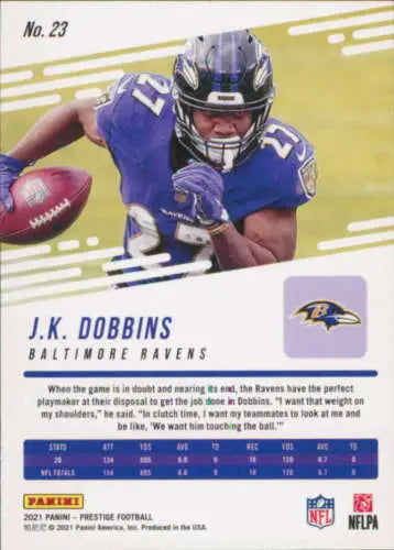 J.K. Dobbins football card 2021 Panini Prestige NM-MT featuring original gloss Ravens