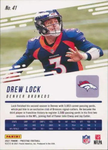 Drew Lock football card original gloss 2021 Panini Prestige NM-MT Broncos collectible