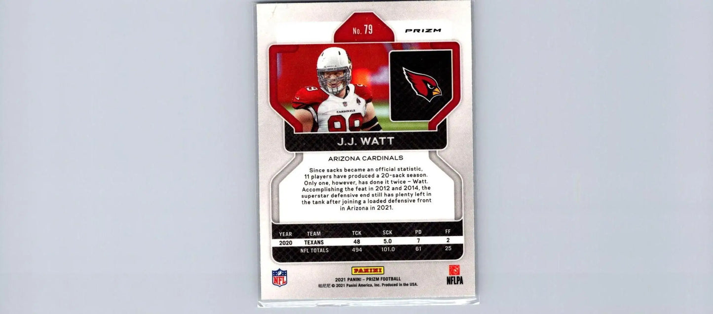 J.J. Watt football card from 2021 Panini Prizm No Huddle trading cards collection