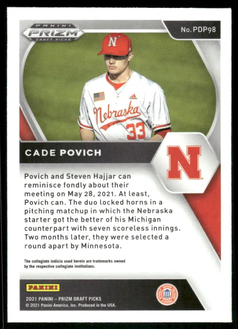 Baseball trading card of Cade Povich in Nebraska uniform from Panini Prizm Draft Picks