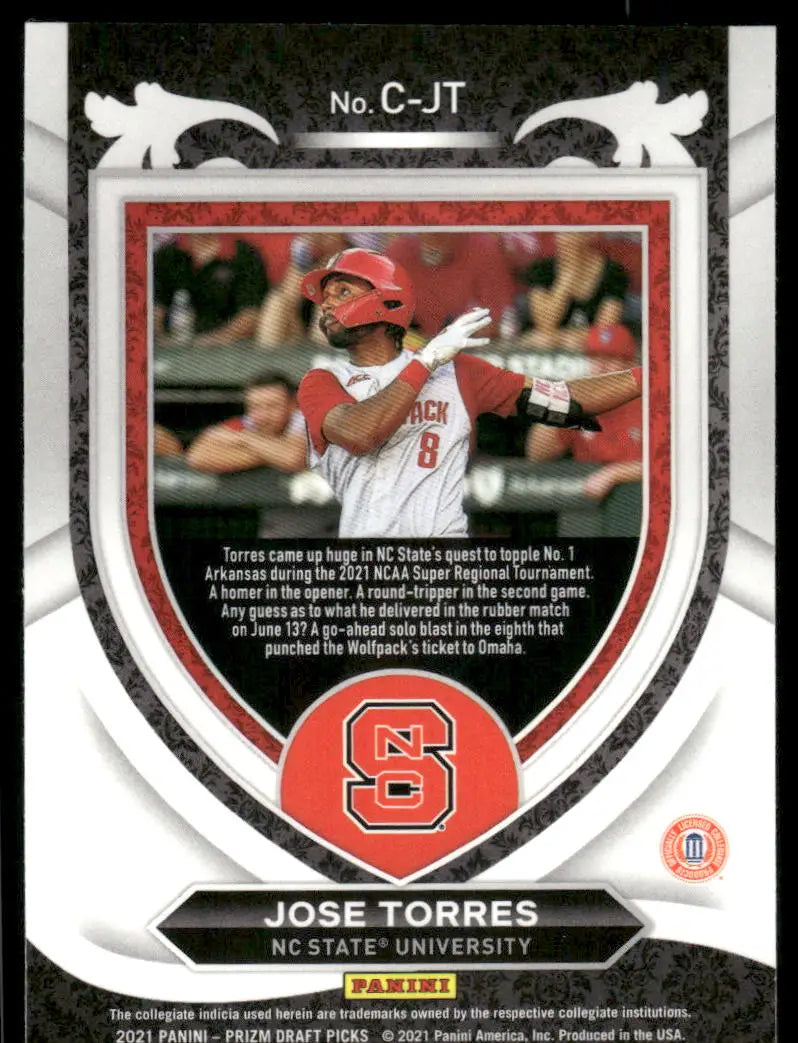 Baseball trading card of Jose Torres from 2021 Panini Prizm Draft Picks Crusade