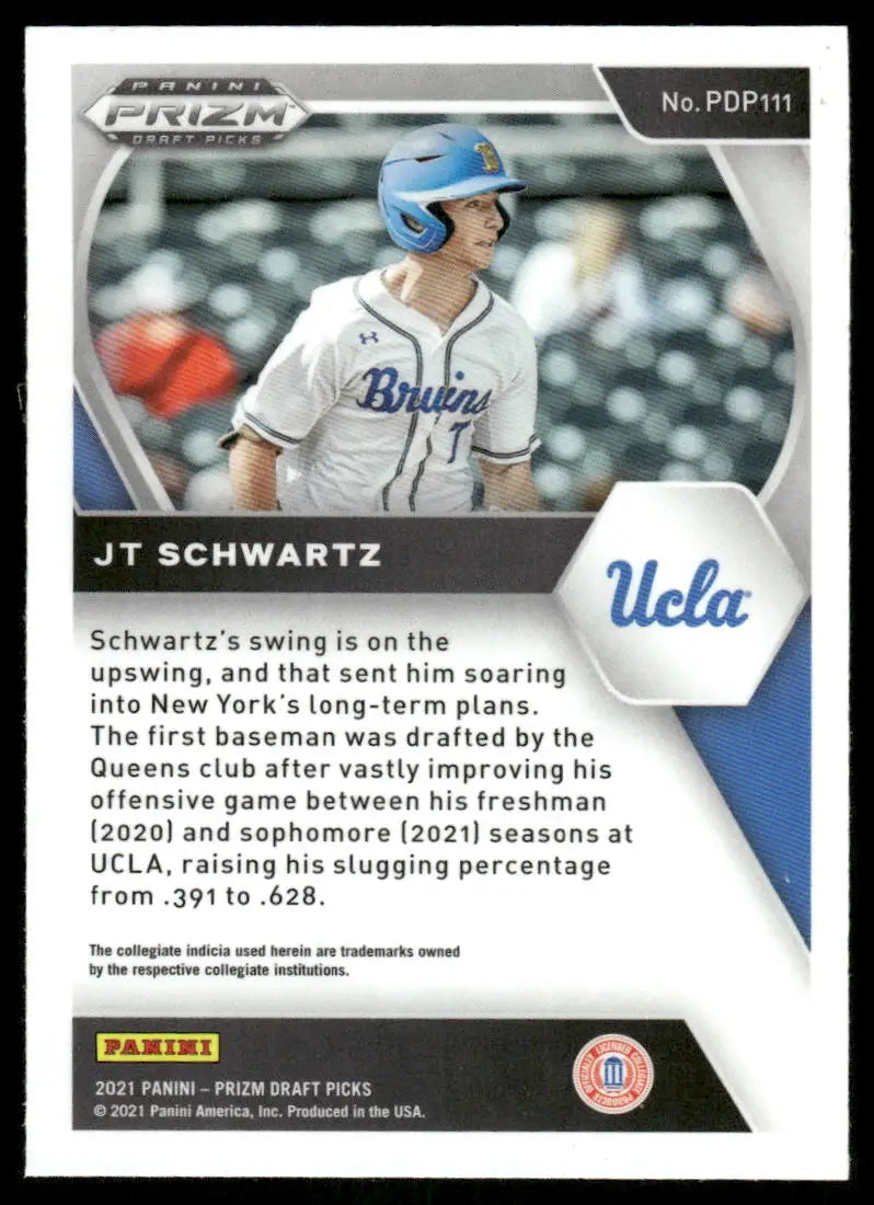 Baseball trading card of JT Schwartz in UCLA uniform from Panini Prizm Draft Picks