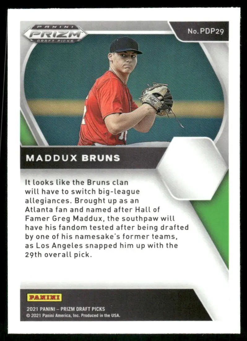 Baseball trading card featuring player in red jersey from 2021 Panini Prizm Draft Picks Maddux Bruns #PDP29
