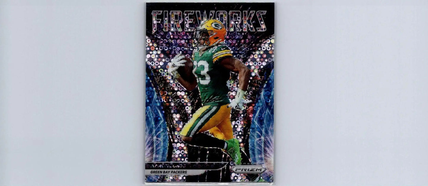 Aaron Jones Fireworks card from 2021 Panini Prizm series showcasing vibrant design