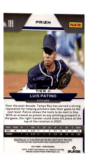Baseball trading card of Luis Patino from 2021 Panini Prizm Pink Prizm #189