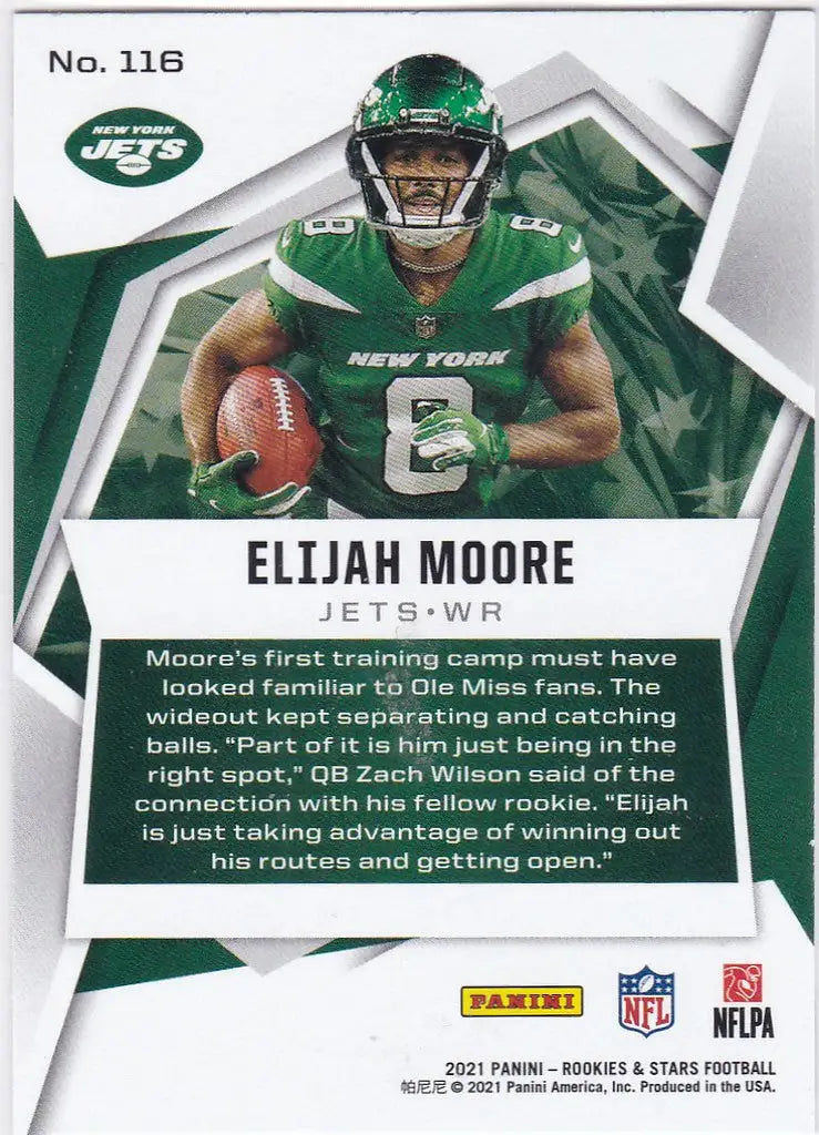 Football trading card of Elijah Moore in green uniform for Panini Rookies & Stars Base
