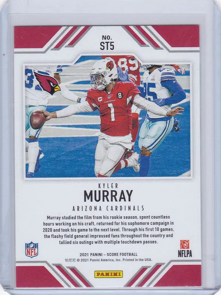 Football trading card of Kyler Murray in red jersey, 2021 Panini Score ST5 Score Team