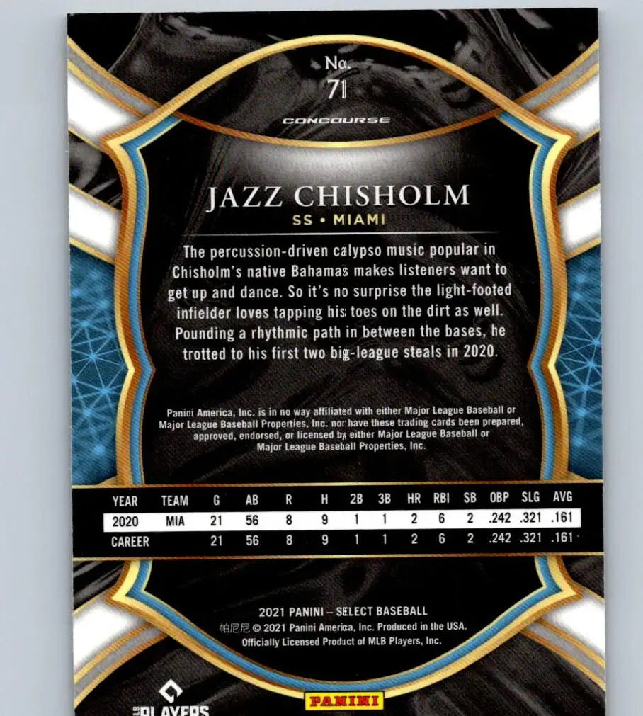 Back of 2021 Panini Select #71 Jazz Chisholm trading card showcasing player stats