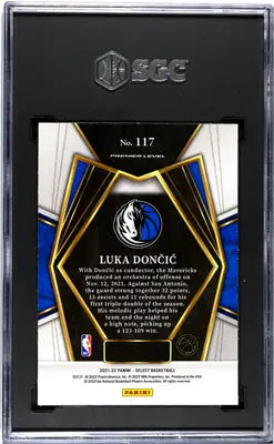 Graded Panini Select Luka Doncic basketball card showcased in 2021 Panini Select product
