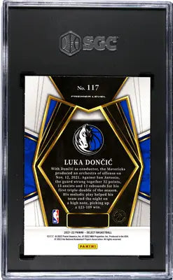 Graded Panini Select Luka Doncic basketball card displayed in 2021 Panini Select product