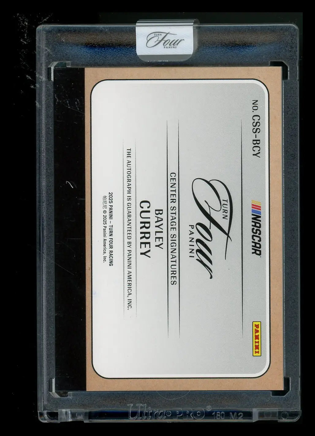 Panini Turn Four Bayley Currey NASCAR trading card in protective case for 2021 Turn Four series