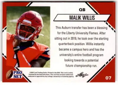 Malik Willis football card from 2021 Pro Set College Football Blaster with original gloss