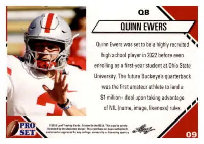 Original gloss Quinn Ewers football card from 2021 Pro Set College Football Blaster