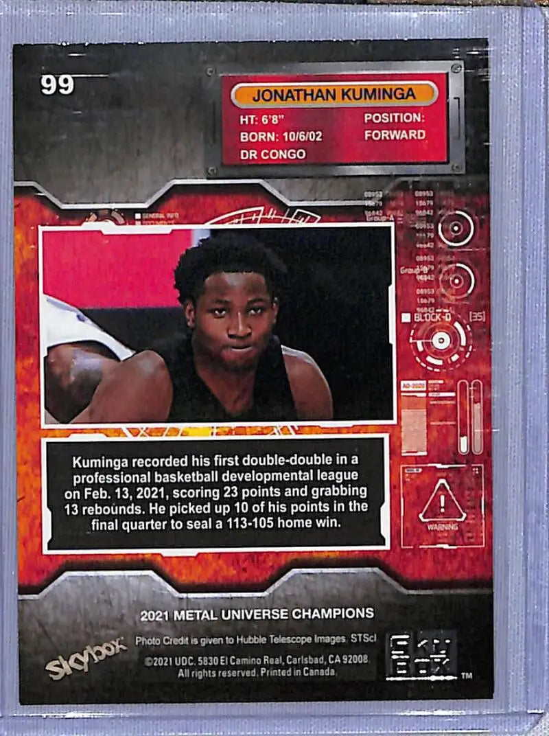Basketball card of Jonathan Kuminga from DR Congo in a dark jersey, Skybox Metal Universe