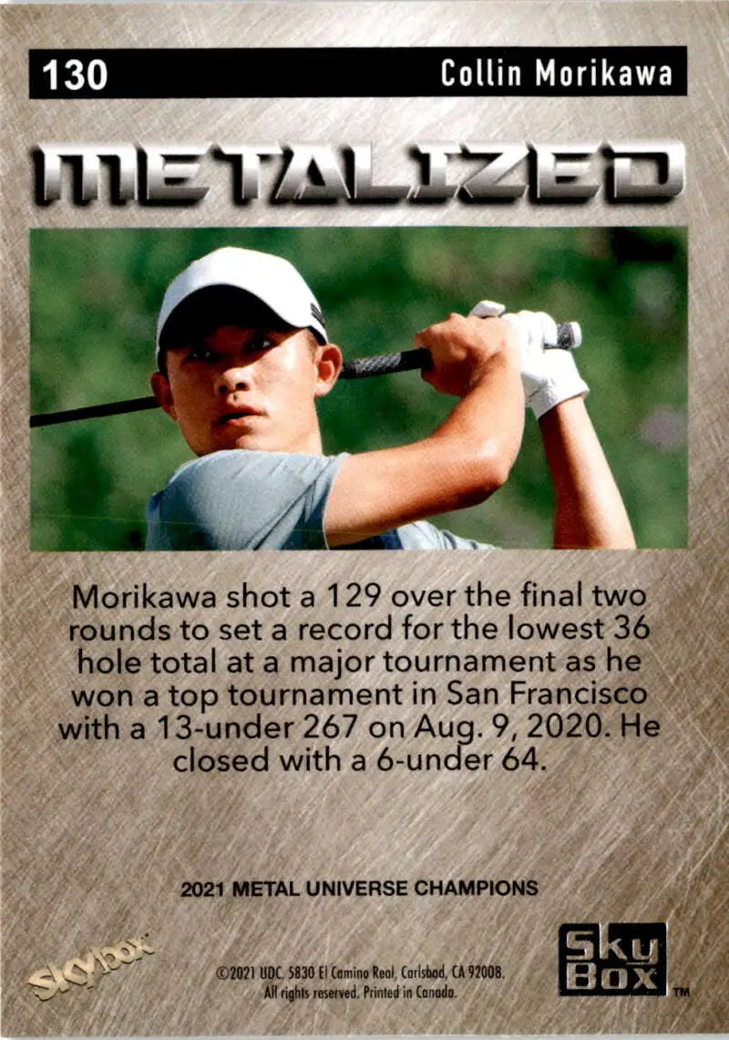 Collin Morikawa mid-swing in gray shirt on 2021 Skybox Metal Universe Champions card