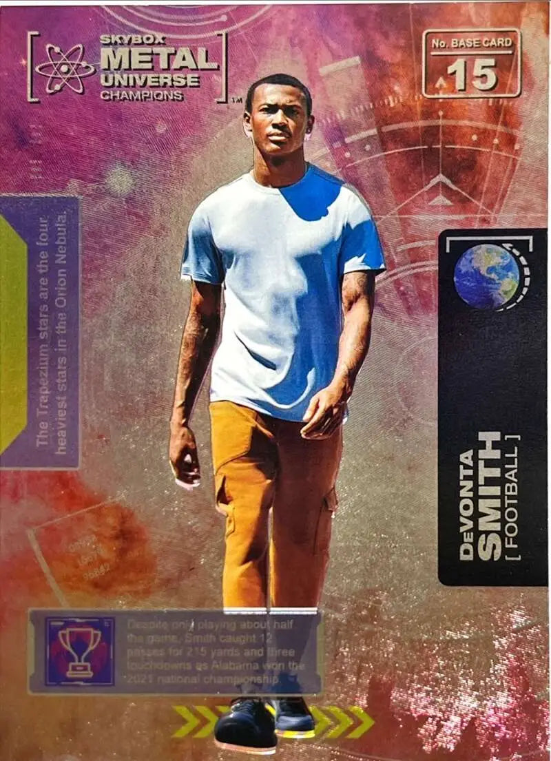 Trading card of DeVonta Smith in white and blue t-shirt, Metal Universe Champions