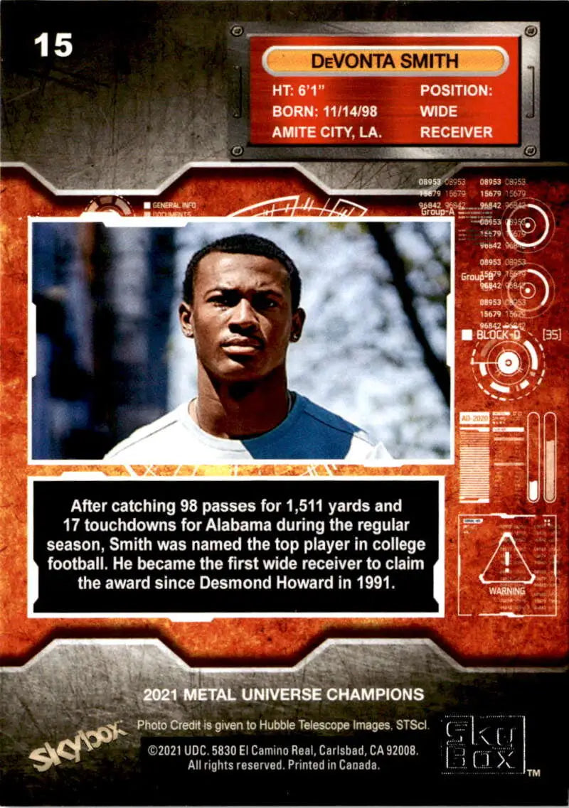 Football trading card of DeVonta Smith from Metal Universe Champions series