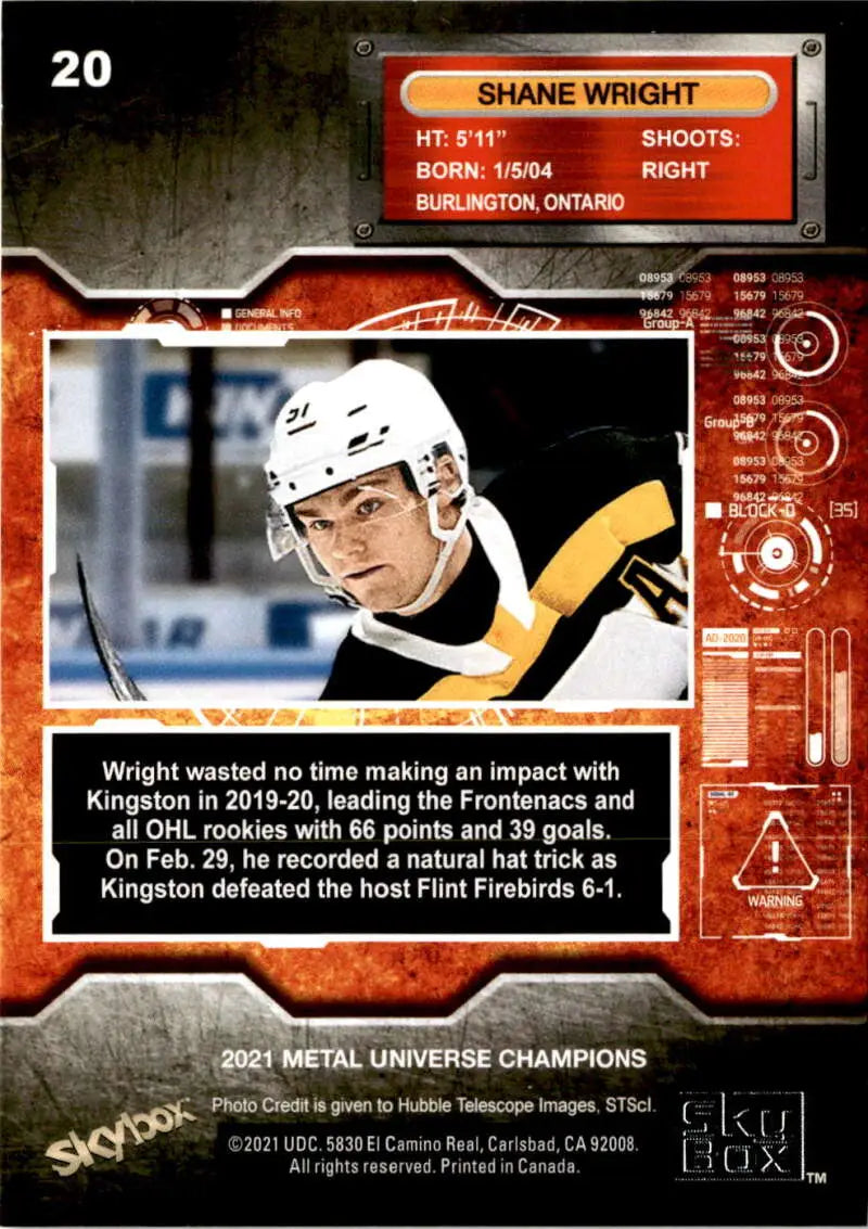 Hockey trading card of Shane Wright from Skybox Metal Universe Champions in black and gold uniform