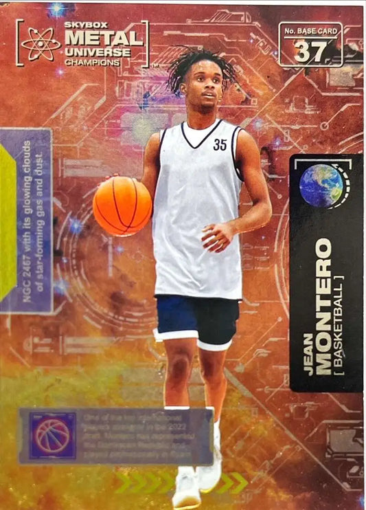 Basketball card of Jean Montero in white jersey 35, Skybox Metal Universe Champions