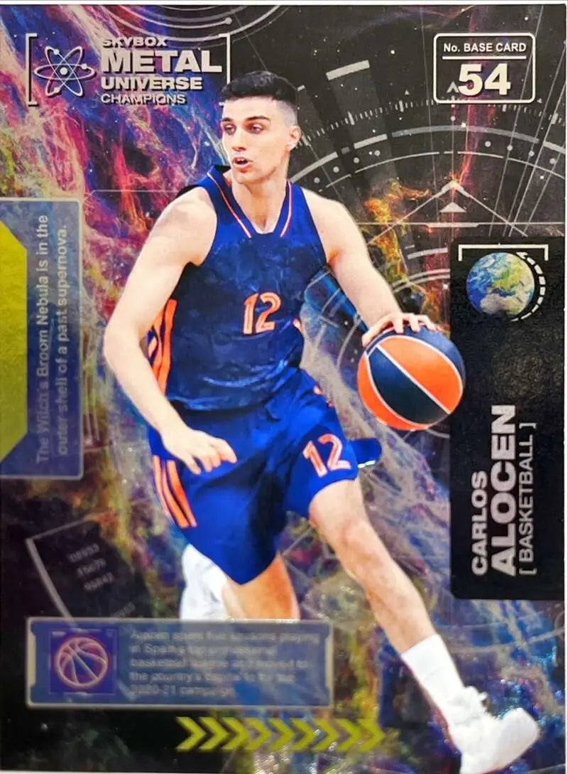 Basketball trading card of Carlos Alocen dribbling, from Skybox Metal Universe Champions