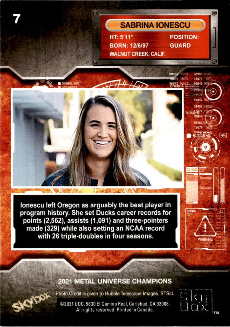 Sabrina Ionescu Skybox Metal Universe Champions basketball card with red and black design