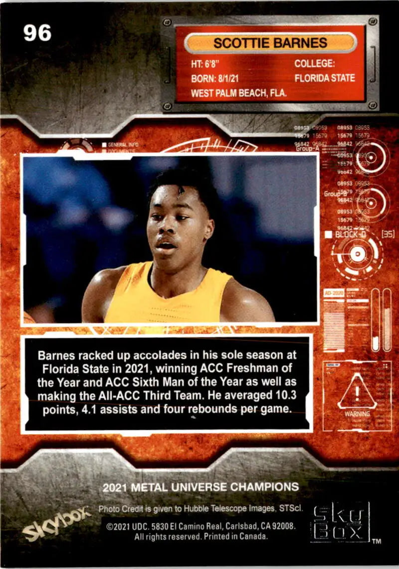 Scottie Barnes basketball trading card from Skybox Metal Universe Champions in yellow jersey