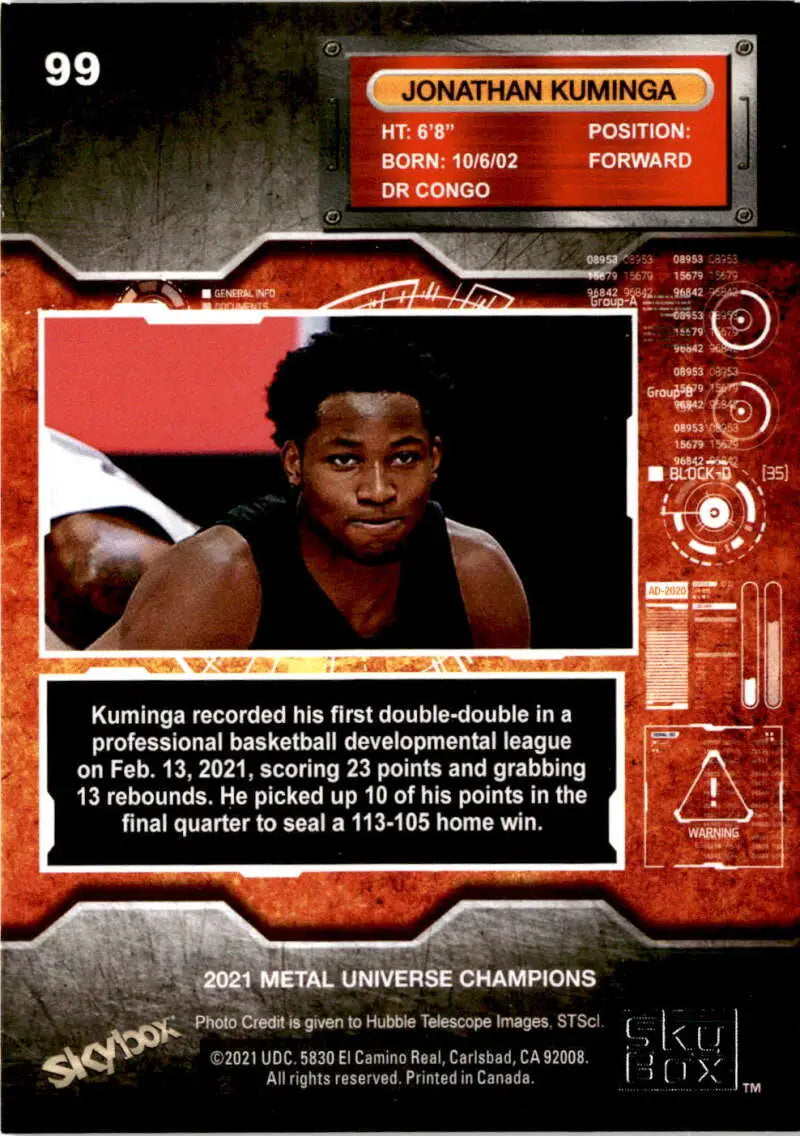 Basketball card featuring Jonathan Kuminga in red and black Skybox Metal Universe design