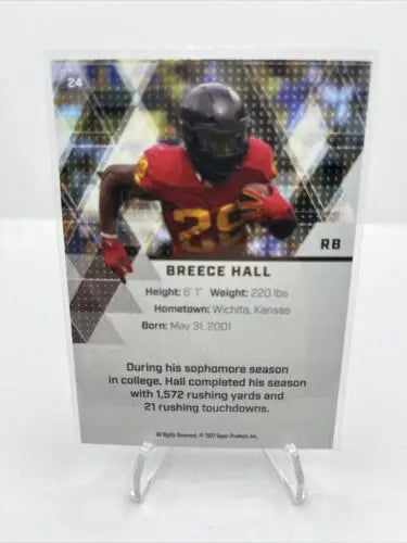 Breece Hall 2021 Super Glow Silver Foil Rookie Football Card #24 displayed beautifully