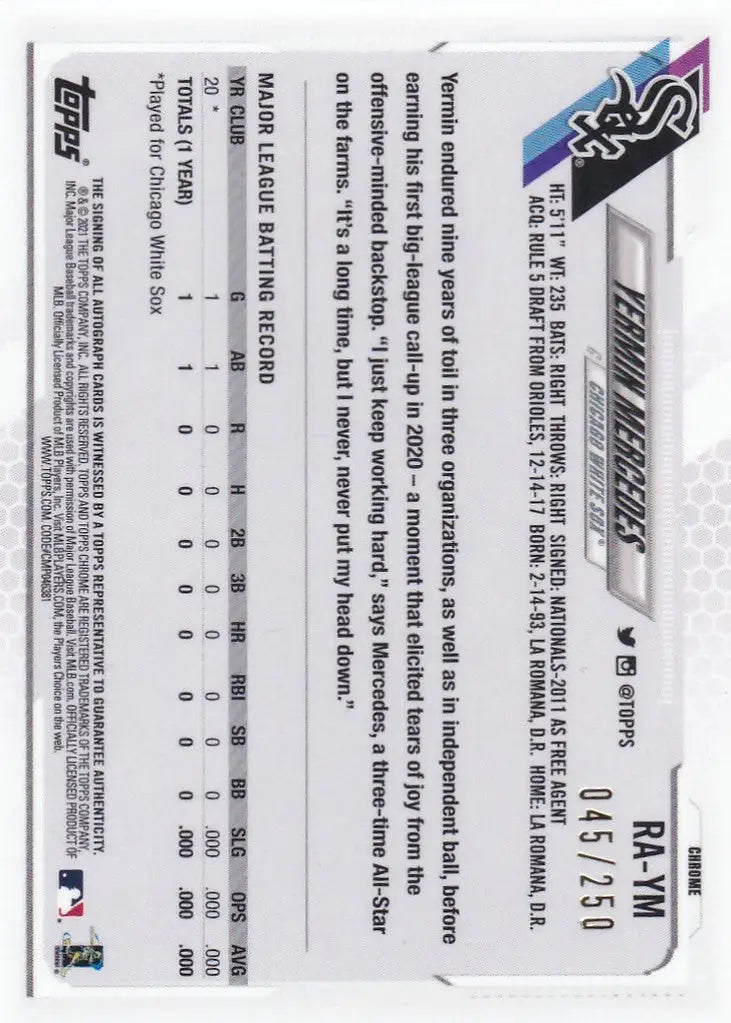 Baseball trading card featuring Yermin Mercedes RC Auto from 2021 Toppa Chrome Chicago White Sox