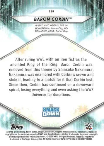 Baron Corbin wrestling card from 2021 Topps #138 featuring original gloss quality