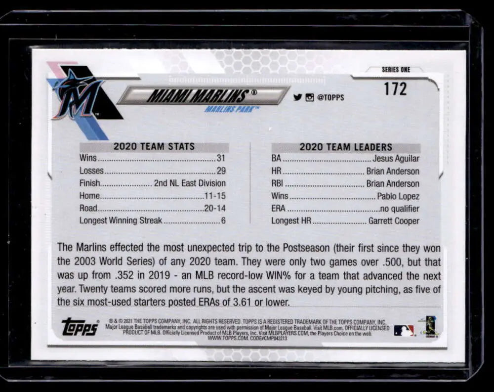 Miami Marlins card featuring 2020 team statistics and leaders from 2021 Topps #172