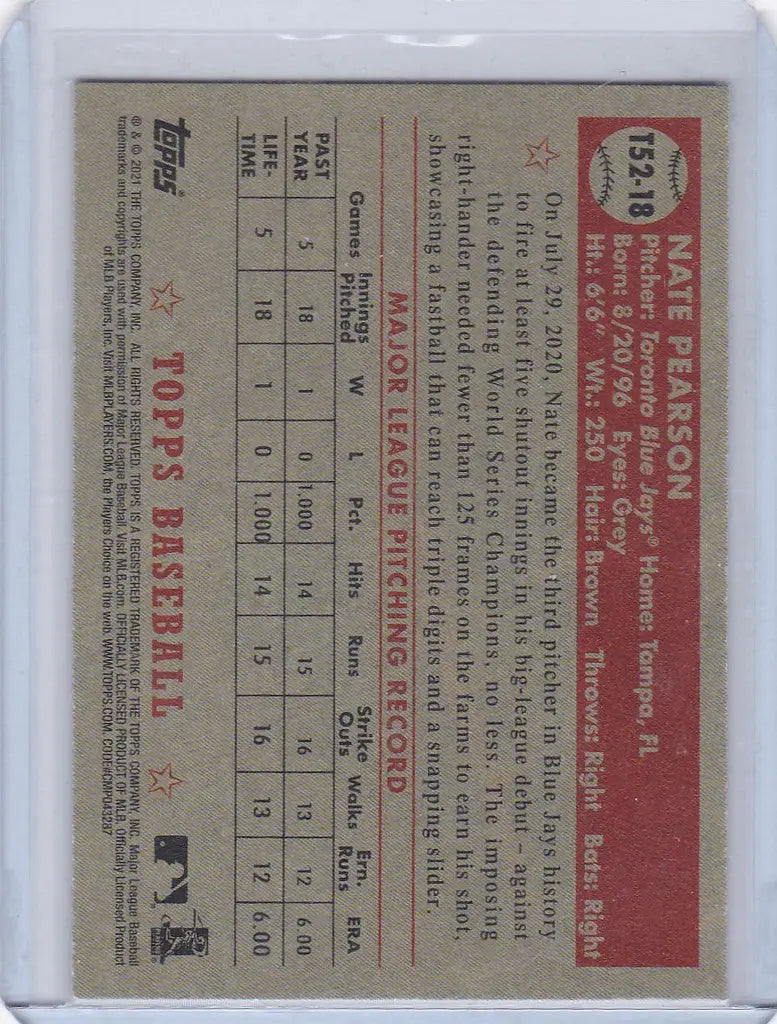 Vintage 2021 Topps 1952 Redux Card featuring Nate Pearson of the Toronto Blue Jays