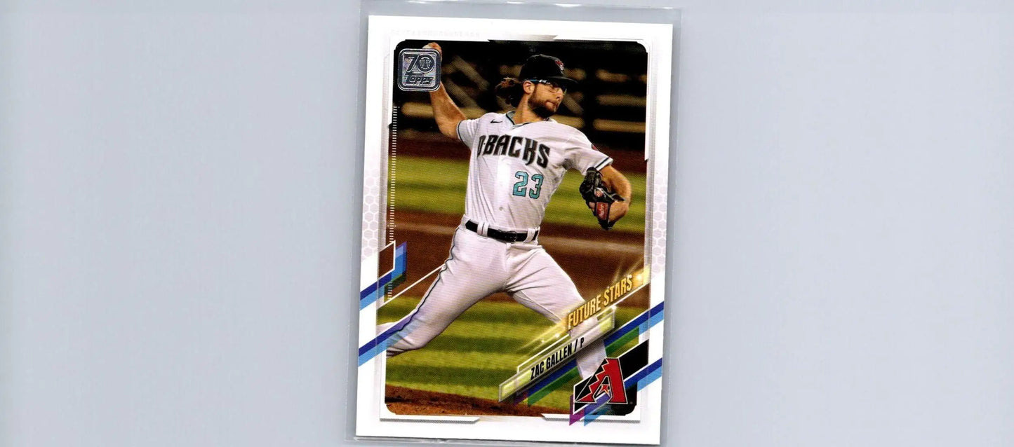 Baseball card featuring Zac Gallen pitching from the 2021 Topps #440 trading cards