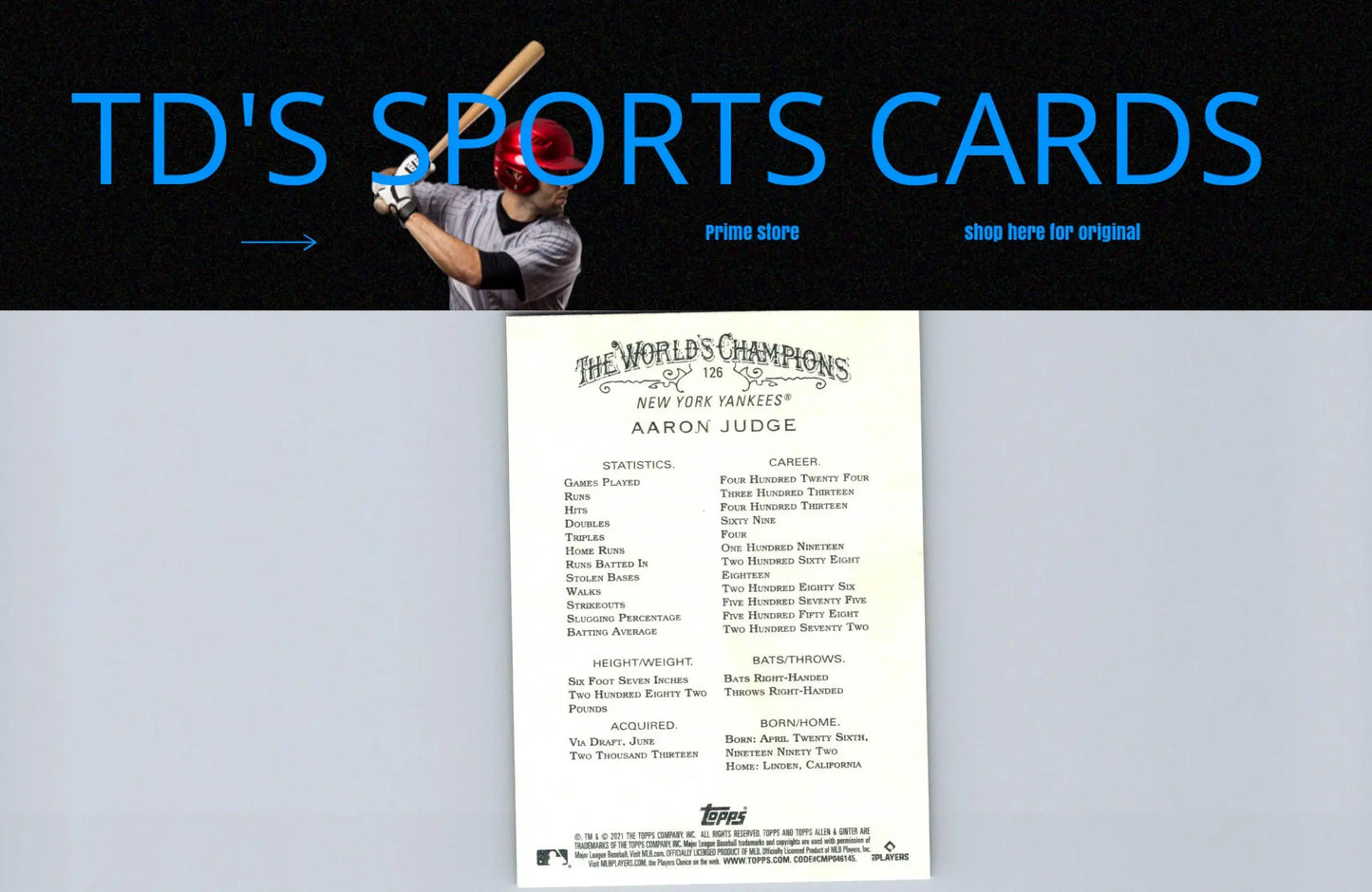 Aaron Judge baseball card from 2021 Topps Allen & Ginter series