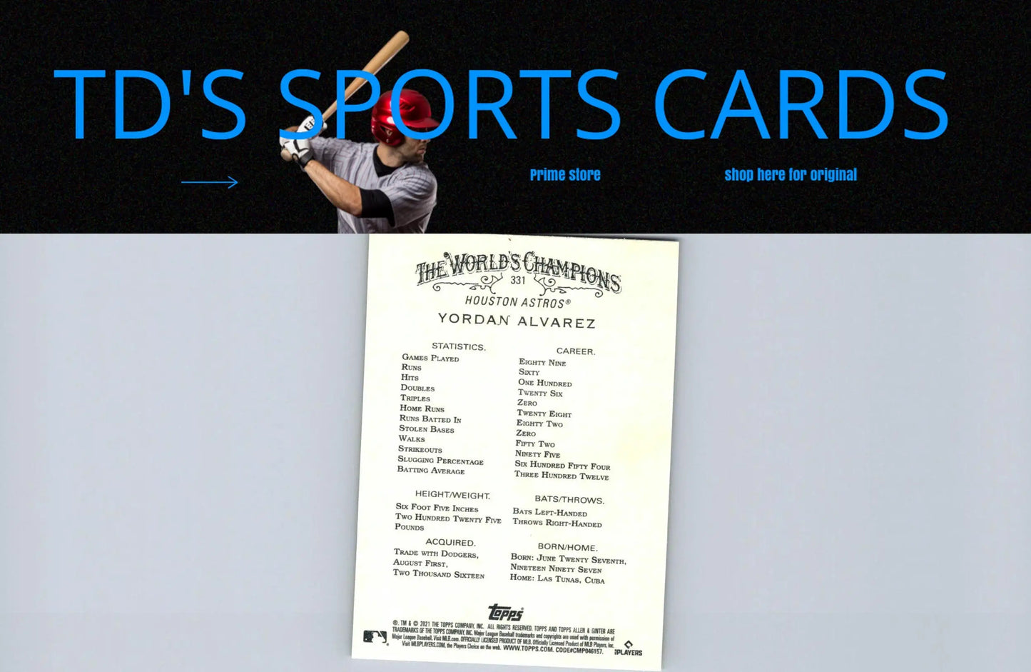 Baseball card featuring Yordan Alvarez from 2021 Topps Allen & Ginter series